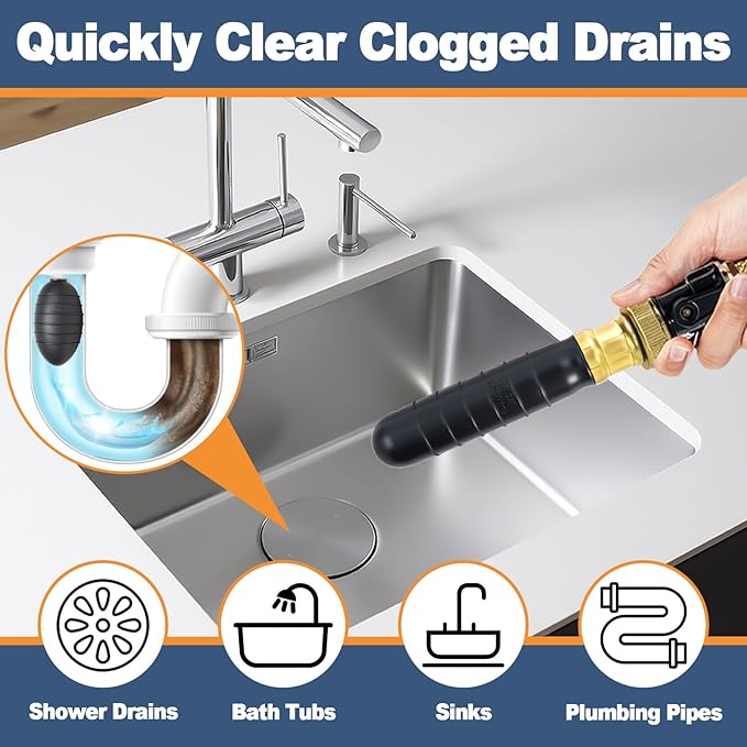 Small Drain Cleaning Bladder for 1″–2″ Pipes, Rubber Drain Bladder Unclogger for Bathroom Sinks, Showers, Kitchen Sinks, Swimming Pool and Main Drains