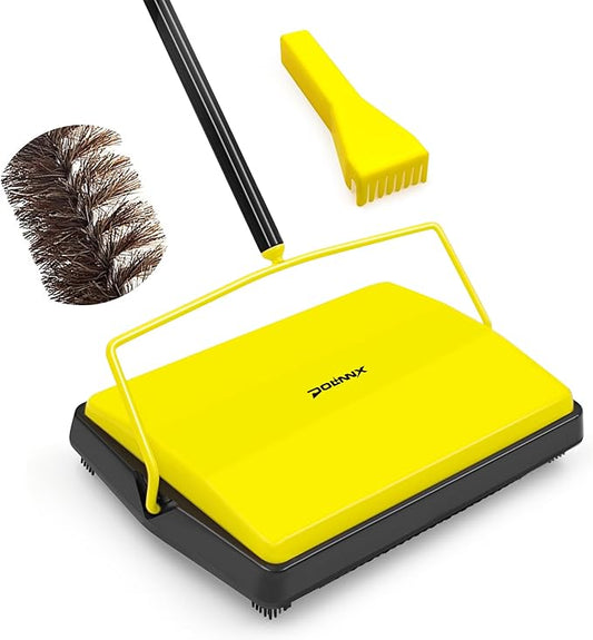 Carpet Sweeper Manual Push with Horsehair Brush, Electrostatic Floor Roller Sweeper Broom Non Electric for Pet Hair, Rug (Yellow)