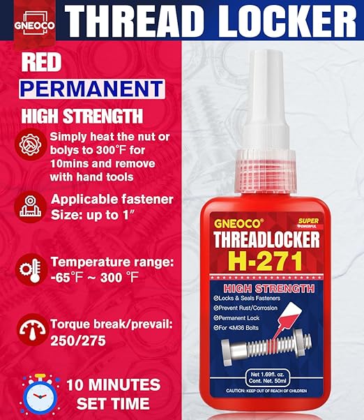 ThreadLocker Red, Thread Lock High Strength Lock Tight for Nuts, Bolts, Fasteners and Metals, Anaerobic Curing Metal Glue to Prevent Loosening and Corrosion (H271-50ml)