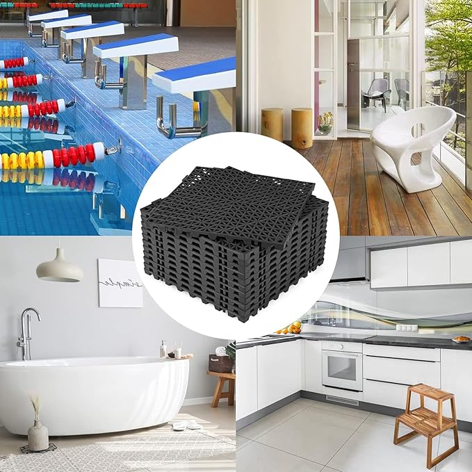 ToLanbbt Modular Interlocking Cushion 24P 11.8" x 11.8" Interlocking Rubber Floor Drain Holes Non-Slip Splicing Drainage Mats for Deck, Shower, Kitchen, Drain Pool, Sauna Bath, Indoor Outdoor (Black)