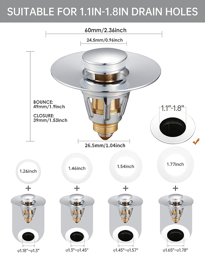 Fransiton Bathroom Sink Stopper, 1.1-1.77 Inch Basin Pop Up Sink Drain Stopper, Anti Clogging Drain Plug with Detachable Hair Catcher, Brushed Nickel