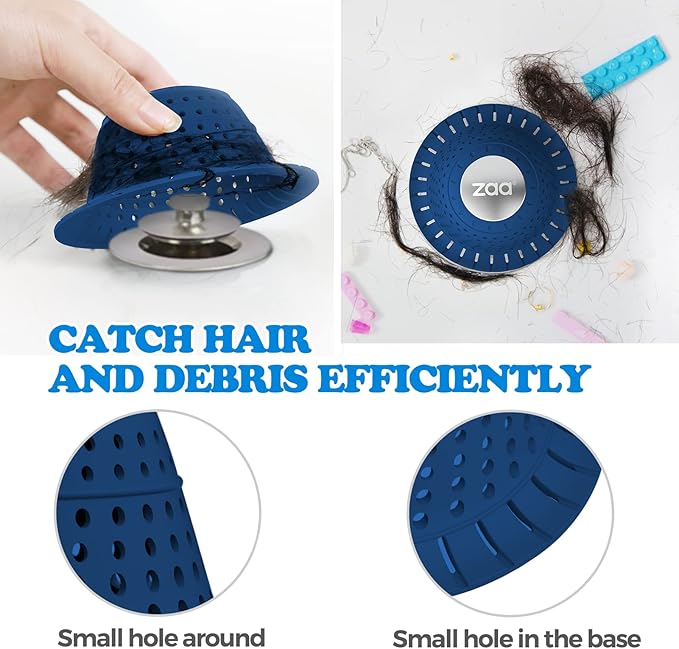 Bathtub Drain Hair Catcher, Silicone Collapsible 1 Pack Drain Protector for Pop-Up and Regular Drains of Shower, Bathtub, Tub, Bathroom, Sink, Dark-Blue
