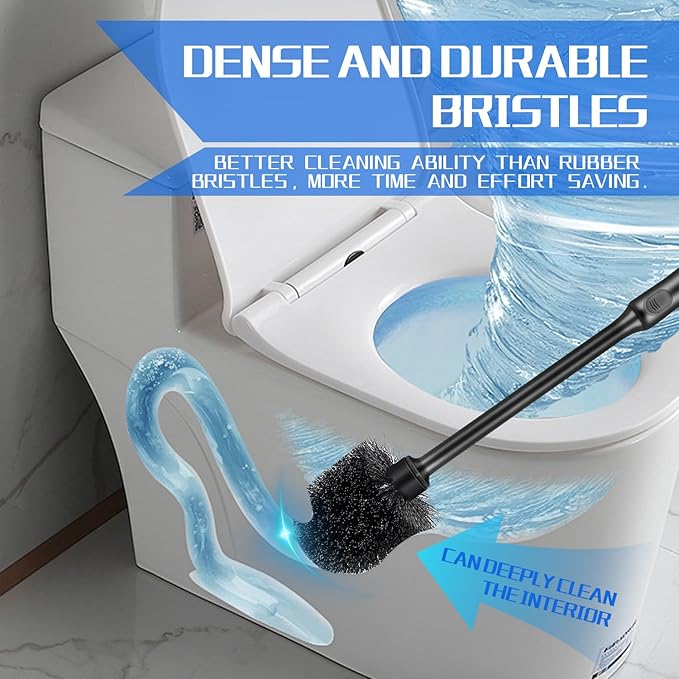 2 Pack Toilet Brush and Holder Set, Long Handle, Non-Slip Grip, Nylon Bristles, Deep Cleaning for Bathroom, Toilet Scrubber- Black