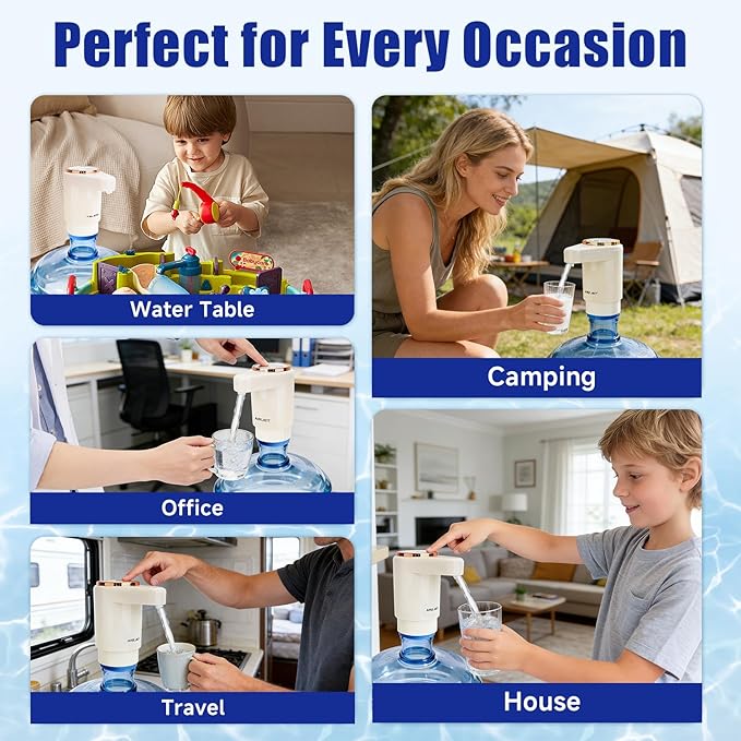 Dual Pump Water Dispenser for 5 Gallon Bottle, Electric Water Bottle Pump with Water Jug Cap, Powerful Flow, USB Rechargeable Automatic for Home, Office, Camping-Beige