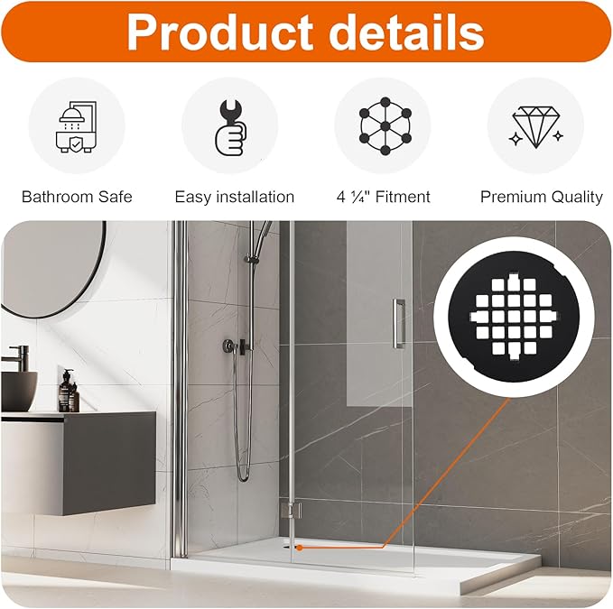 1 Pc Black Snap-in Shower Drain Cover, 4-1/4” Od Snap-in Shower Drains Cover Replacement, Stainless Steel Drain Stopper Bathroom Sink Easy to Install