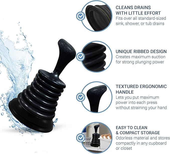 Meadow Lane Small 7" Sink Plunger - Mini Clog Remover for Kitchen & Bathroom Sink Drains - Hand Ergonomic, Space-Saving & Powerful Suction - Universal Fit for Home or Commercial Use, Black