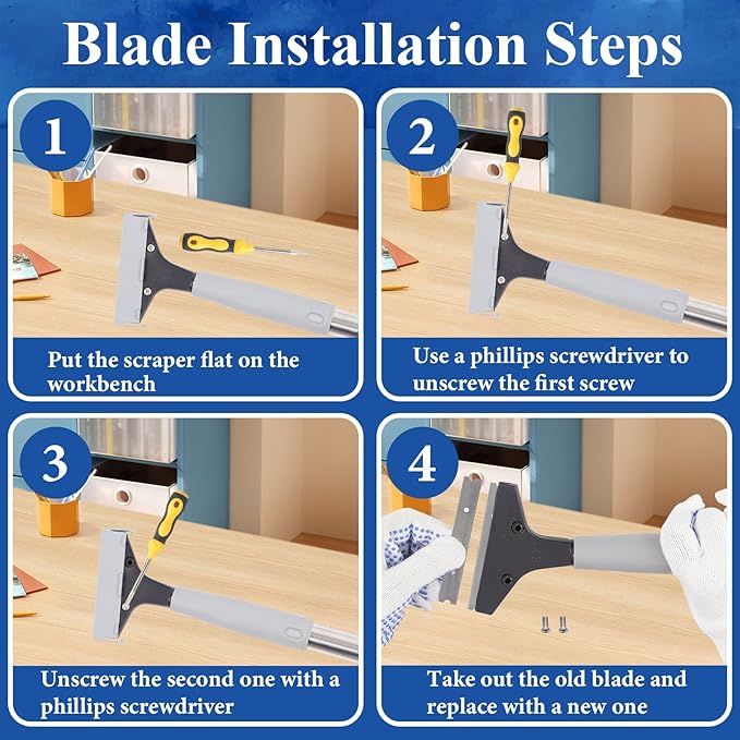4"Razor Blade Floor Scraper with Long Handle,61in Adjustable Floor Scraper Heavy Duty with 10PCS Extra Metal Blades Paint Scraper for Cleaning Stickers Gum Glass Wall Tile (Retractable 82in)
