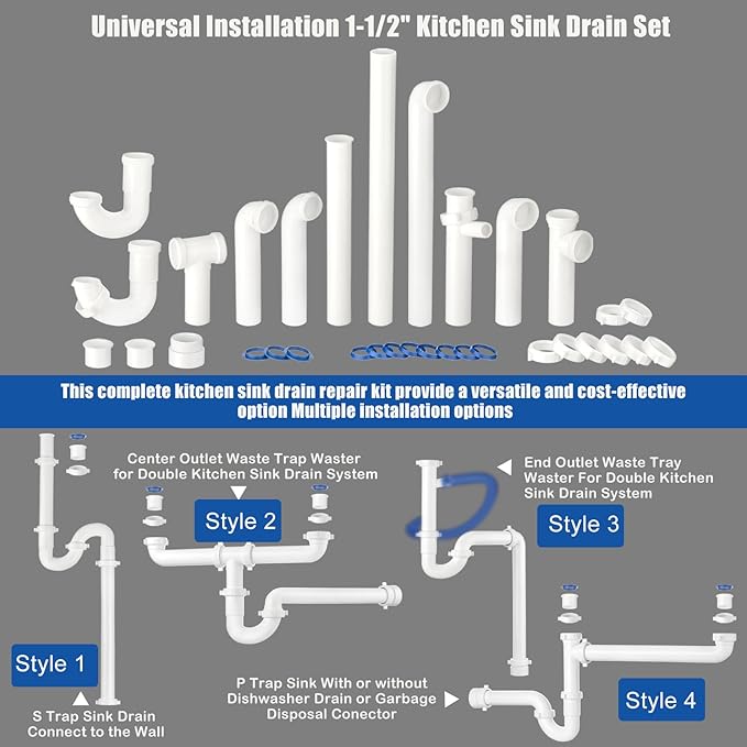 （1 Pack） Yariwiz 1-1/2 inch White Kitchen Sink Drain Kit for Most Kitchen Sink Drain Replacement Tubular Plumbing Pipe Assembly KSD-007W