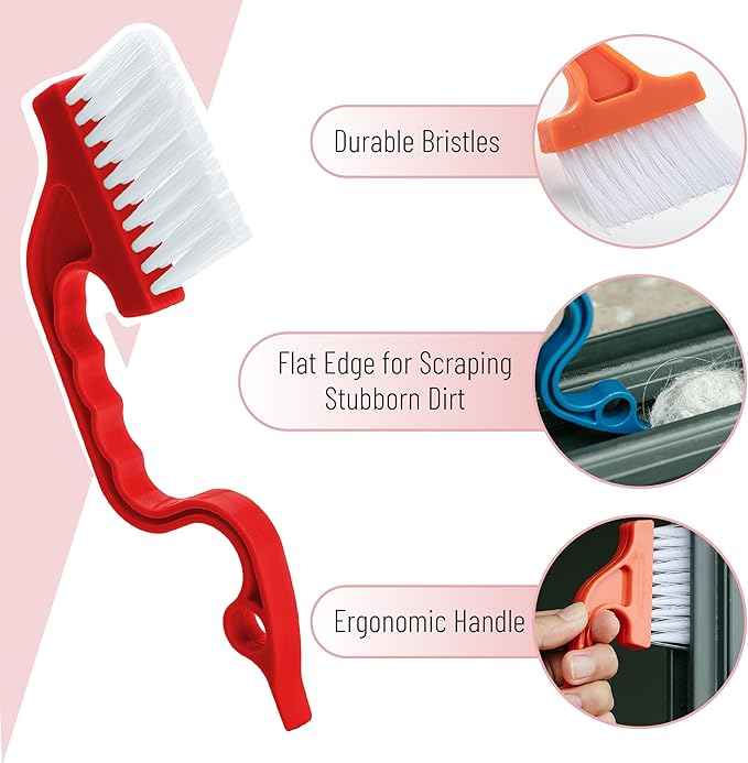 Slick- Window Track Cleaning Brush, 3 Pack, Colorful, Ergonomic Handle, Built-in Scraper, Multipurpose Window Track Cleaning Tools for Faucets, Shower Heads and Drains