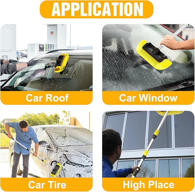 12FT Car Wash Brush with Long Handle, Car Cleaning Brush with 12 Inch Soft Bristle and Soap Dispenser, Solar Panels Cleaner with Telescoping Pole for RV, Truck, Boat, House Siding, Yellow