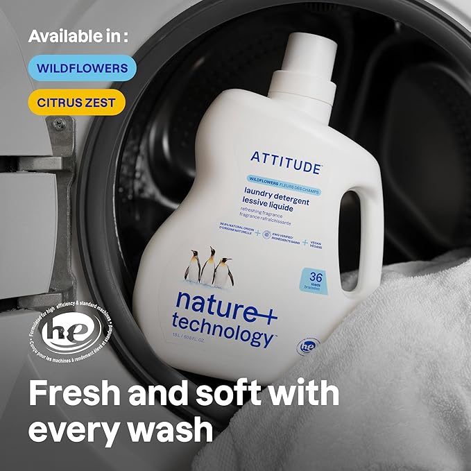 ATTITUDE Liquid Laundry Detergent,EWG Verified,HE Compatible,Plant-Based & Vegan,Natural Laundry Soap,Wildflowers Scent,36 Loads,60.8 Fl Oz,(Pack of 2)