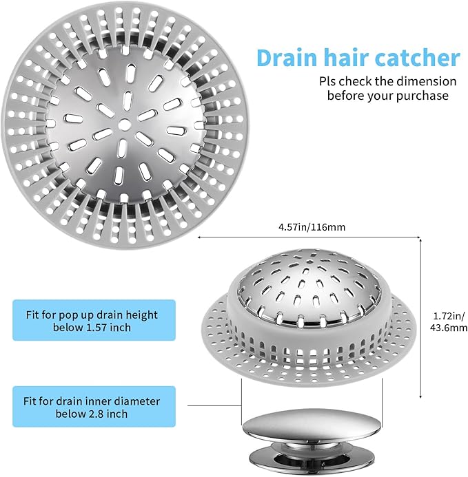 Shower Drain Hair Catcher, Shower Drain Cover, Bathtub Drain Hair Catcher for Pop-Up & Regular Drains (Pack of 2)