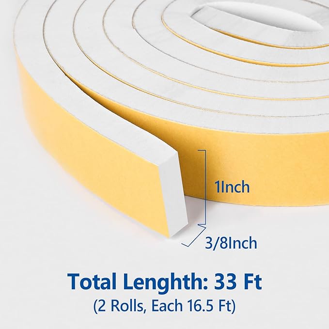 Kikerike Self Adhesive Foam Tape Weatherstrip 1in x 3/8in x 33Ft High Density Foam Insulation Strips Seal Weather Stripping with Strong Adhesive for Door and Window Sound Isolation Soundproofing