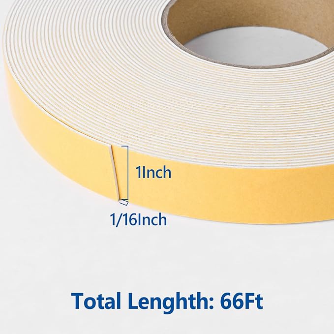 Kikerike Self Adhesive Foam Tape Weatherstrip 1in x 1/16in x 66Ft High Density Foam Insulation Strips Seal Weather Stripping with Strong Adhesive for Door and Window Sound Isolation Soundproofing