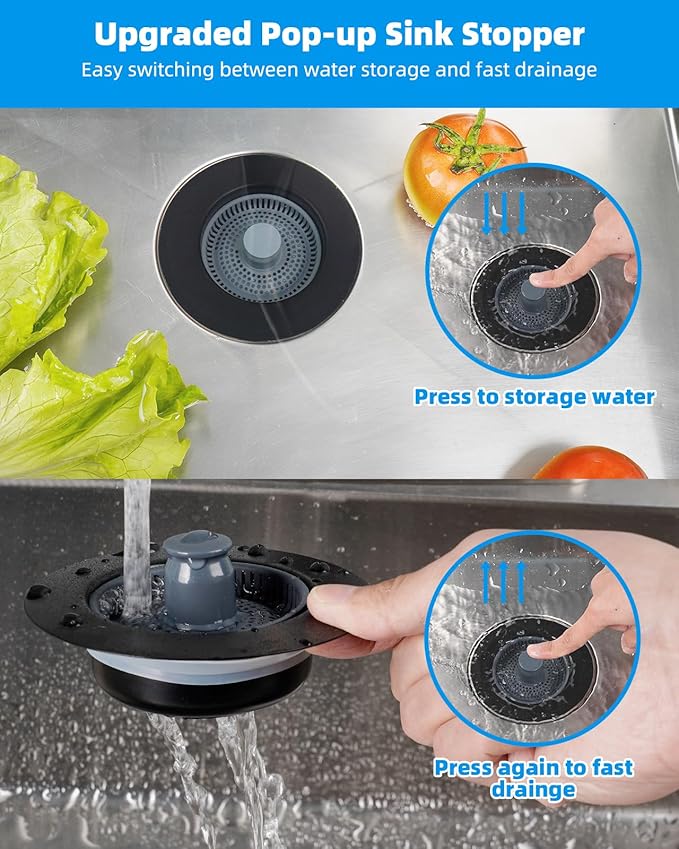 Hibbent Upgraded 3 in 1 Kitchen Sink Drain Strainer and Stopper Combo, Stainless Steel Metal Pop Up Sink Stopper, Anti-Clogging Basket Strainer with Handle for US Standard 3-1/2 Inch Drain, Black