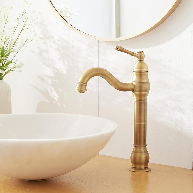 Antique Brass Vessel Sink Faucet 360° Swivel for Bathroom Bowl Sink Single Hole Farmhouse Tall Commercial Vanity with Pop Up Drain Without Overflow Combo