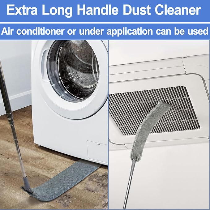 Retractable Gap Dust Cleaner with Extension Pole, Cleaning Tools with 2 Microfiber Dusting Cloths, Washable Extendable Long Handle Gap Dusters for for Sofa Bed Furniture Bottom (2pcs Duster Cloths)