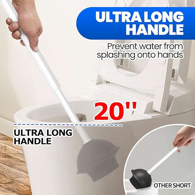 2 in 1 Toilet Brush and Plunger Set, Extended Handle Plunger,Toilet Bowl Brush Plunger Set,Bathroom Cleaning Tools,Cleaning Brush,Cleaning Supplies,Toilet Brush Plunger Combo,White（20inch）