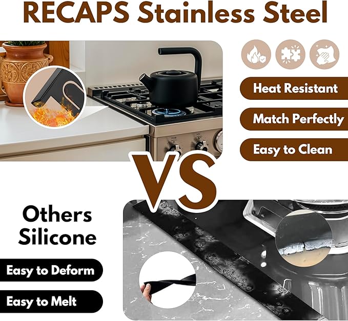 RECAPS Stainless Steel Extendable Stove Gap Covers Fliter 13.8"to 27.5"In, Stove Side Gap Covers for Kitchen, Heat Resistant Oven Crack Guard for Counter (2 Packs，Black）