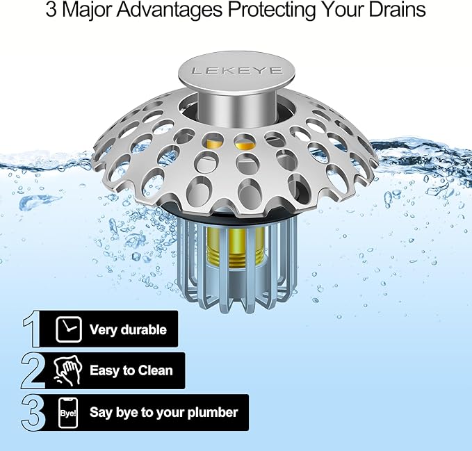 LEKEYE Bathroom Sink Stopper | Shower Drain Hair Catcher | Pop Up Sink Drain Plug | Bathroom Sink Drain Strainer for 1-1/8"to 1-3/8" to 1-1/2" Drain Holes- Pearl Chrome