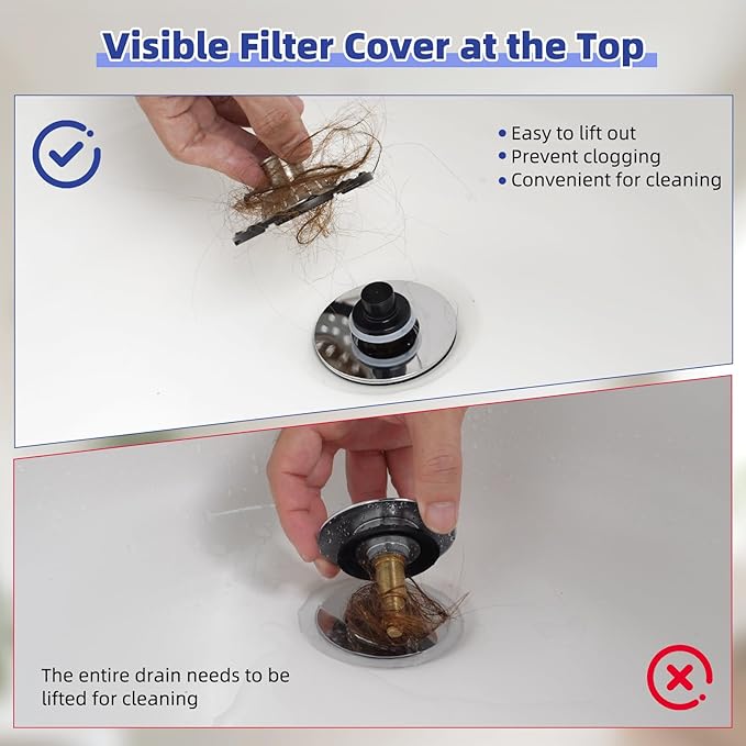 Universal Bathtub Drain Stopper Shower Drain Hair Catcher, Tub Stopper with Visible Top Strainer, Upgraded 3 in 1 Pop-up Drain Plug Fit for 1.5 to 2.4" Hole, Stainless Steel Filter Basket, Chrome
