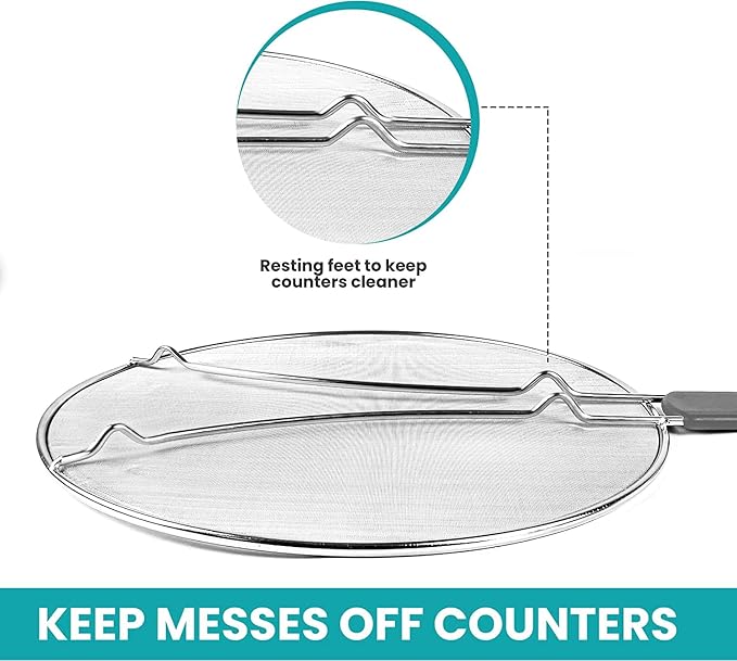 13" Grease Splatter Screen for Cooking | Stainless Steel Oil Splatter Guard and Ultra-Fine Mesh Protects Skin from Burns | TPR Tight-Grip Handle (Grey)