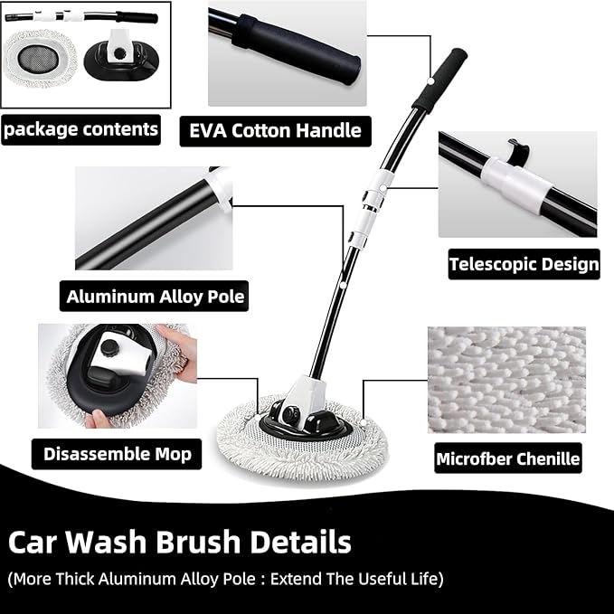 15° Curved Car Wash Brush with Long Handle 43" Microfiber Cleaning Mop Telescopic Extension Pole for Caravan RV Truck Auto SUV Wheel Boat Exterior 2 in1 Carwash Duster Scratch Free, White