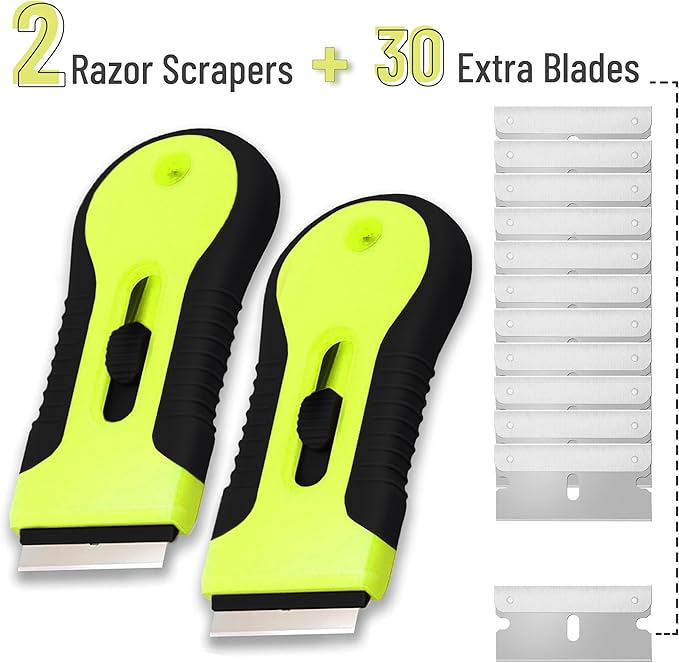 Bates- Razor Blade Scraper Tool, 2 Pack, 30 Extra Stainless Steel Blades, Anti-Slip Ergonomic Handle Design, Razor Scraper Set for Cleaning Window, Paint, Oven, Glass, Stove