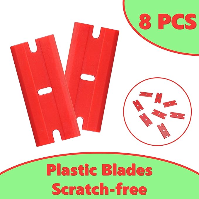 2-Pack Plastic Razor Scraper Tool with 8 Double-Edged Blades - Scratch-Free Sticker & Decal Remover for Car Windshield, Glass, Kitchen Cooktop, Label & Glue Residue - Safe Ergonomic Cleaning Gadget