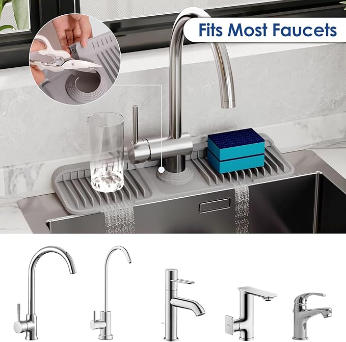 17.7 Inch Silicone Faucet Mat for Kitchen Sink Splash Guard - 7° Slope Upgraded Water Draining Mat with Fasten Button for Bathroom Area (Gray, 17.7''x5.5'')
