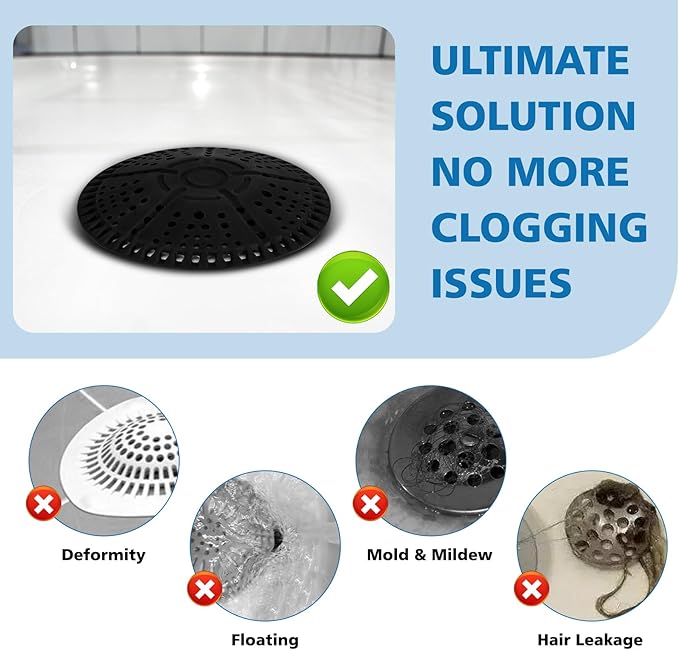 ZOOY Shower Drain Hair Catcher, 2 Pack 5.5 Inch Silicone Large Drain Cover, Bathroom Hair Drain Catcher, Flat Anti-Clog Hair Trap for Shower, Bathtub, Tub & Sink Hair Strainer(Black)