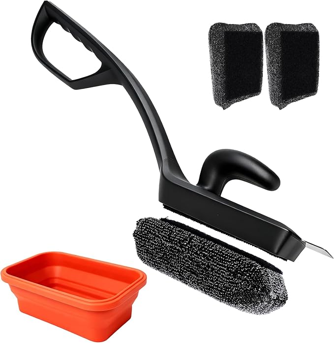 Bristle Free Silicone Grill Brush | BBQ Grill Cleaner for Gas Charcoal Cast Iron Grates | No Wire Food Safe Brush with Detachable Heads, Scraper & Collapsible Water Cup for Outdoor Camping BBQ