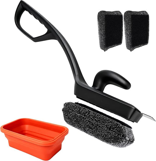 Bristle Free Silicone Grill Brush | BBQ Grill Cleaner for Gas Charcoal Cast Iron Grates | No Wire Food Safe Brush with Detachable Heads, Scraper & Collapsible Water Cup for Outdoor Camping BBQ