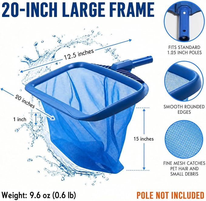 STARGOODS 20" Pool Skimmer Net - Heavy-Capacity Deep Bag Leaf Rake for Inground & Above Ground Pools - Fine Mesh Catches Leaves, Pet Hair & Debris - Pool-Safe Rounded Edges - Fits Standard Poles, Blue