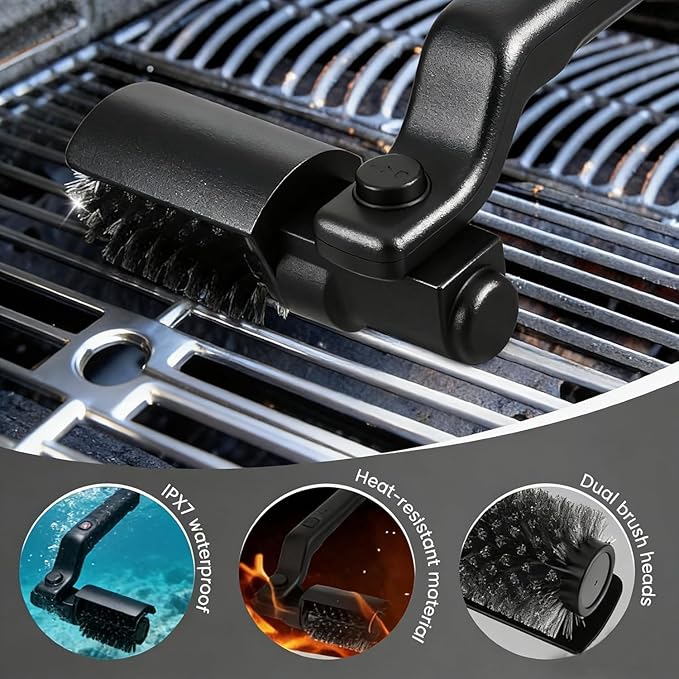 Electric Grill Brush for Ootdoor Grill, Cordless Grill Brush for Outdoor BBQ with 2 Heads, 3-Speed & Angle Adjust Cordless Rotary Grill Cleaner, Rechargeable Grill Cleaning Brush for Barbecue Grates