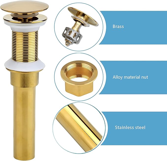 Bathroom Sink Drain, Gold Drain Stopper Bathroom Sink Without Overflow,Pop Up Drain Assembly with Detachable Strainer Basket,Built-in Anti-Clogging Strainer,Stainless Steel