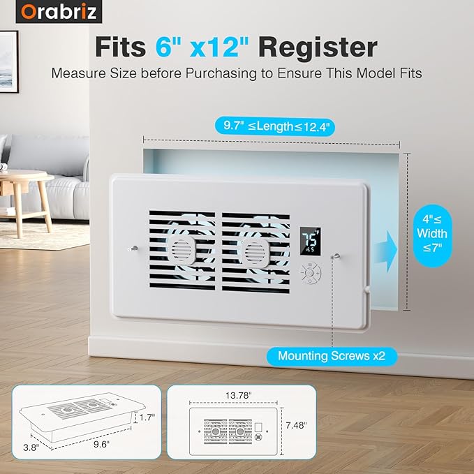 AC Vent Booster Fan 6" x 12" Register, Heavy-Duty 10-Speed Air Booster Fan with Thermostat Control, Remote & LCD Display, Aroma Pad Slot, Fixes Uneven Heating & Cooling in Large Rooms