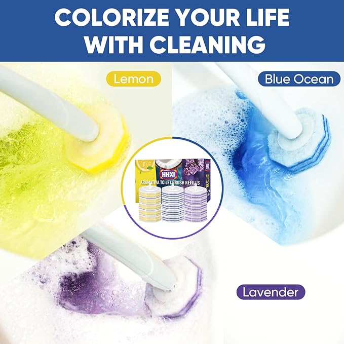 150Ct Aromative Toilet Brush Refills, Toilet Bowl Cleaner Refills, Double-Layer Cleaning Pads Added, Disposable Refill Heads for Toilet Bowl Cleaner Wands，Lemon, Blue Ocean, Lavender （Patented）
