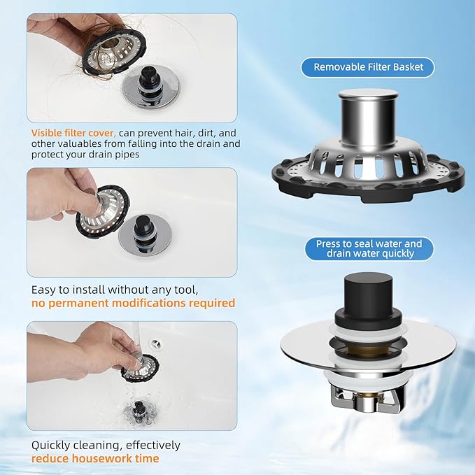 2PACK Universal Bathtub Drain Stopper Shower Hair Catcher Bathroom Sink Strainer, Tub Stopper with Visible Top Strainer, Brass Metal 3 in 1 Pop-up Stopper for Standard 1.1''~2.36'' Hole, Chrome