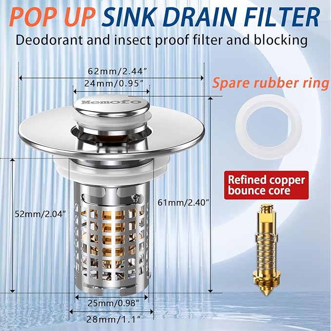 (2PCS) Bathroom Sink Drain Strainer, Stainless Steel Pop-up Strainer Basket Hair Catcher with Removable Basket, Brass Bullet Core, Universal Fit 1.1-2.36 Inch
