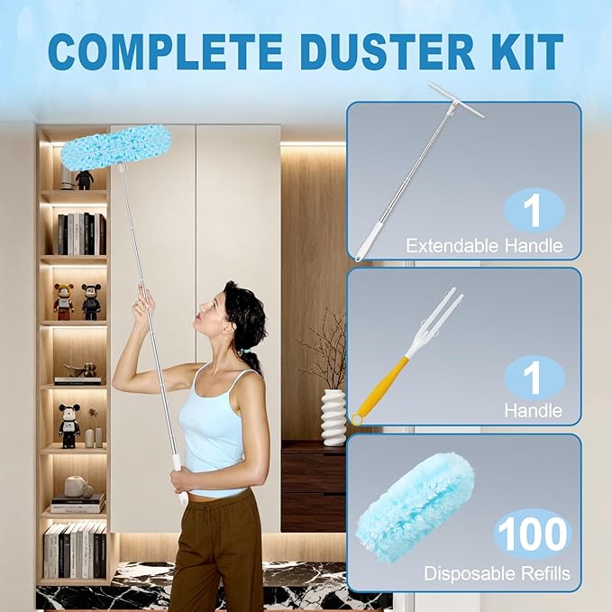 100Pcs Duster Refill Compatible with Swiffer Hand Duster +4FT Extended Handle +1 Handle, 360° Heavy Duty Duster Refills Kit for Cleaning, Office, Ceiling Fan, Baseboard & Blind