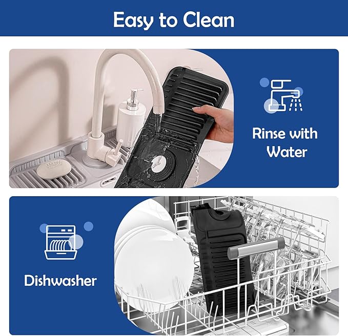 24"Longer Silicone Faucet Mat For Kitchen Sink Splash Guard -7° Slope Snap Lock- Sink Faucet Mat Splash Guard Kitchen Sink Area Silicone Sink Water Splash Guard Behind Faucet (Black, 24"x5.5")