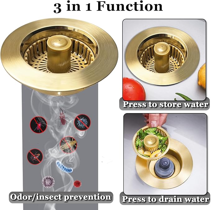 Kitchen Sink Drain Strainer, 3 in 1 Pop up Kitchen Sink Stopper, with an Extra Basket Strainer, for US Standard 3-1/2 Inch Drain, Copper Material, Brushed Gold