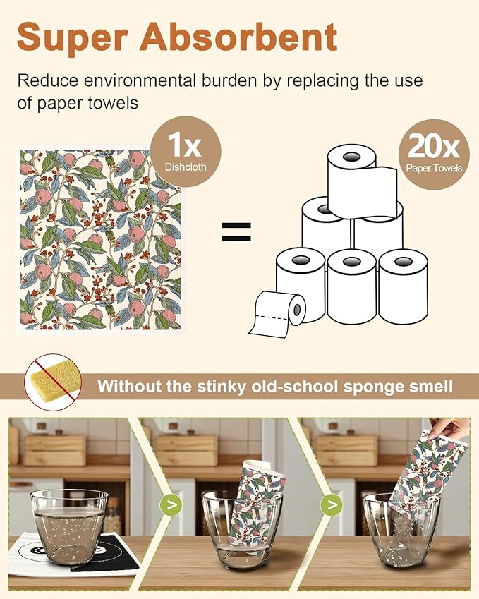 Miss Adola Kitchen Swedish Dishcloths with Hooks - 6 Pack Reusable Dish Cloths for Washing Dishes Fast Drying Cute Fun Swedish Dish Towels Washable Cleaning Sponge, Trees Fruits