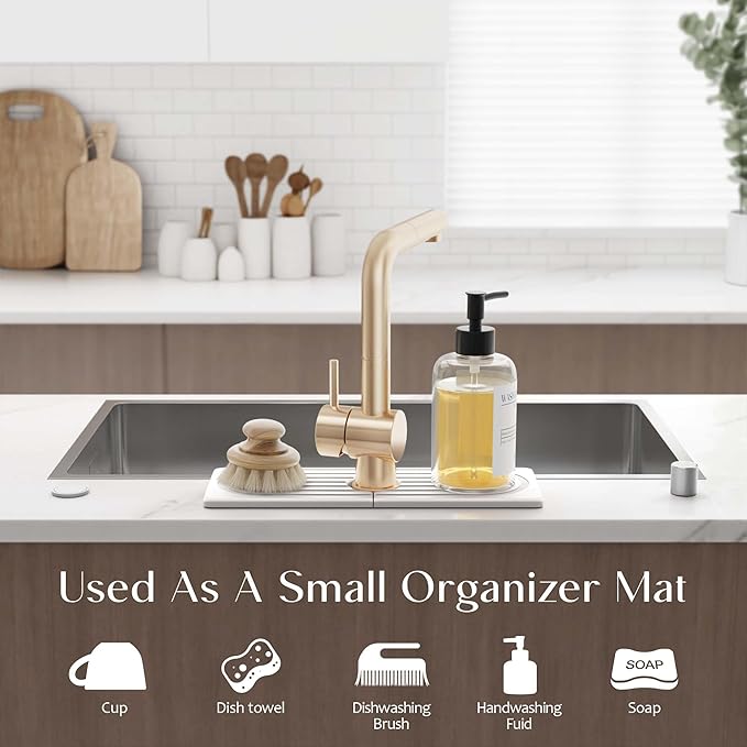 Diatomite Kitchen Faucet Mat - 14Inch Water Absorbing Stone Tray for Sink, Stone Fast-Drying Faucet Mat for Kitchen Counter Sink Accessories (Light Grey, 14'' x 3.9'')