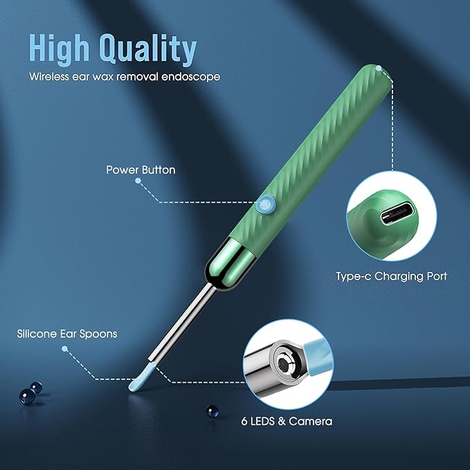 LEIPUT Ear Wax Removal - Earwax Remover Tool with 8 Pcs Ear Set - Ear Canal Cleaner with 1080P Camera - Ear Cleaning Kit with 6 Ear Spoon - Ear Camera for iOS & Android (Green)