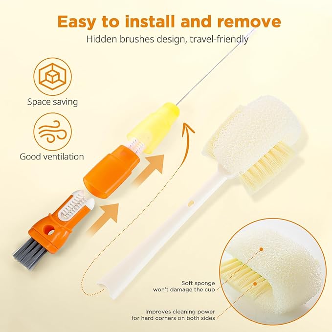 OUTXE 6 Pack Bottle Brush Set, 5-in-1 Water Bottle Cleaner Brush, 14" Long Handle Bottle Cleaning Brush, 3 Straw Brush, Removable Nipple Detail Brush for Cup Lid Gap, with Replecement Sponge