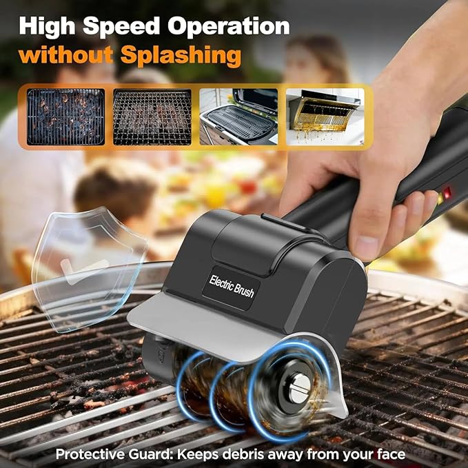 Electric Grill Brush, Rechargeable USB C Electric Grill Cleaner with Dual Safety Lock 600 RPM, 2000mAh, 2H Runtime, Automatic Barbecue Grate Cleaner Tool for All Grills, BBQ for Men Dad and Women