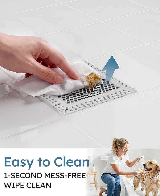 Square Shower Drain Hair Catcher, Flat Shower Drain Hair Catcher, Anti-Clogging Fast Drainage, Anti-Slip & Stays in Place, Easy Clean Fits Bathroom Hair Catcher for Shower (Gray, 4 inch)