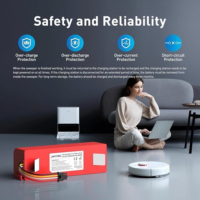 NASTIMA 14.4V 6700mAh 96.48Wh Rechargeable Battery Compatible with Xiaomi Roborock S50 S51 S52 S53 S55 S502 S5 Max S6; T6 61 65 Full Series, Mijia 1st and 2nd Generation Replacement Battery with BMS